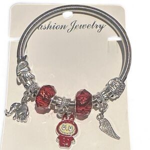 Labubu Monster Silver Stretch Charm Bracelet with Red Accents- NWT